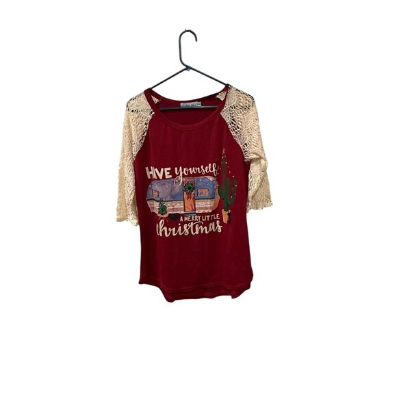 Womens Christmas Graphic Top W/Lace Sleeves  Camper Design Merry Little Christma - Picture 1 of 5